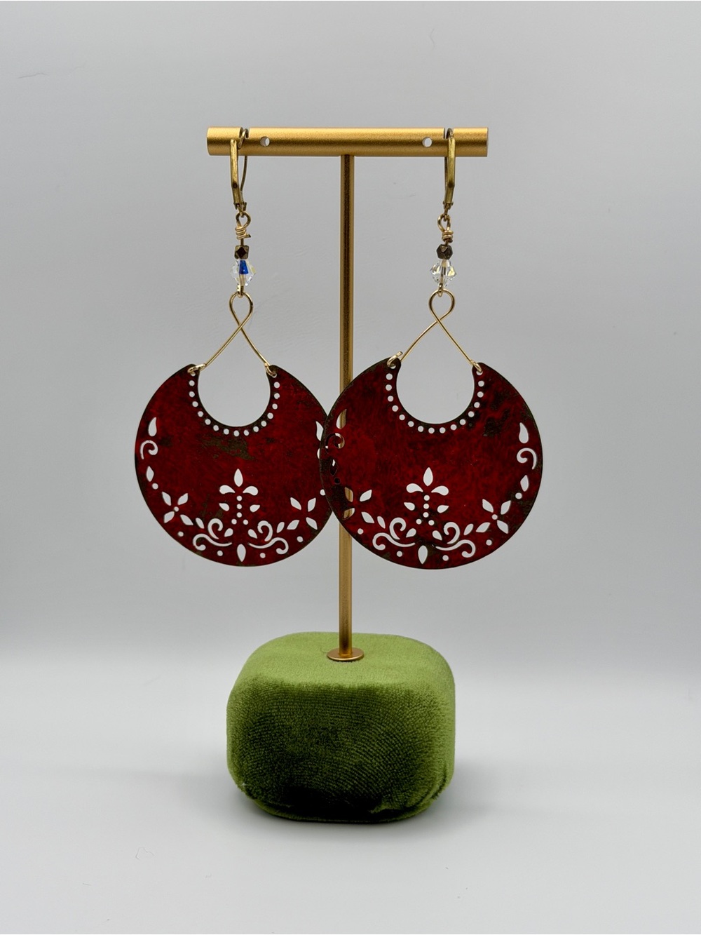 Boho Crimson Red Distressed Metal Filigree Hoop Dangle Earrings
